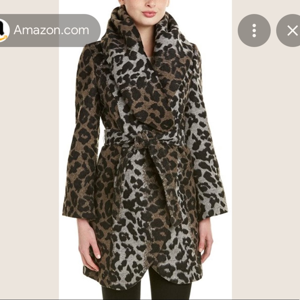 T TAHARI LEOPARD PRINT WOOL/POLY COAT WITH HOOD